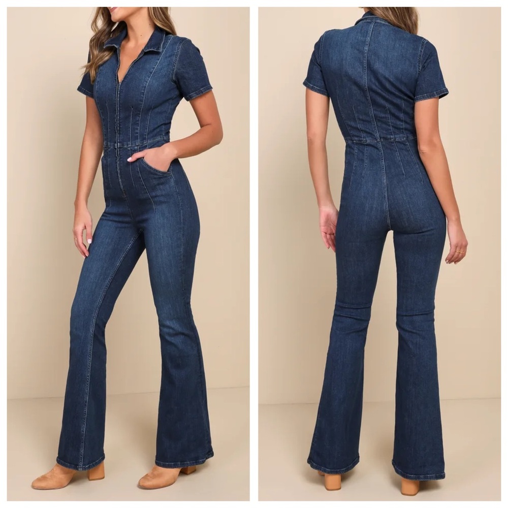 Free People Dark Blue Denim Short-Sleeve Jumpsuit